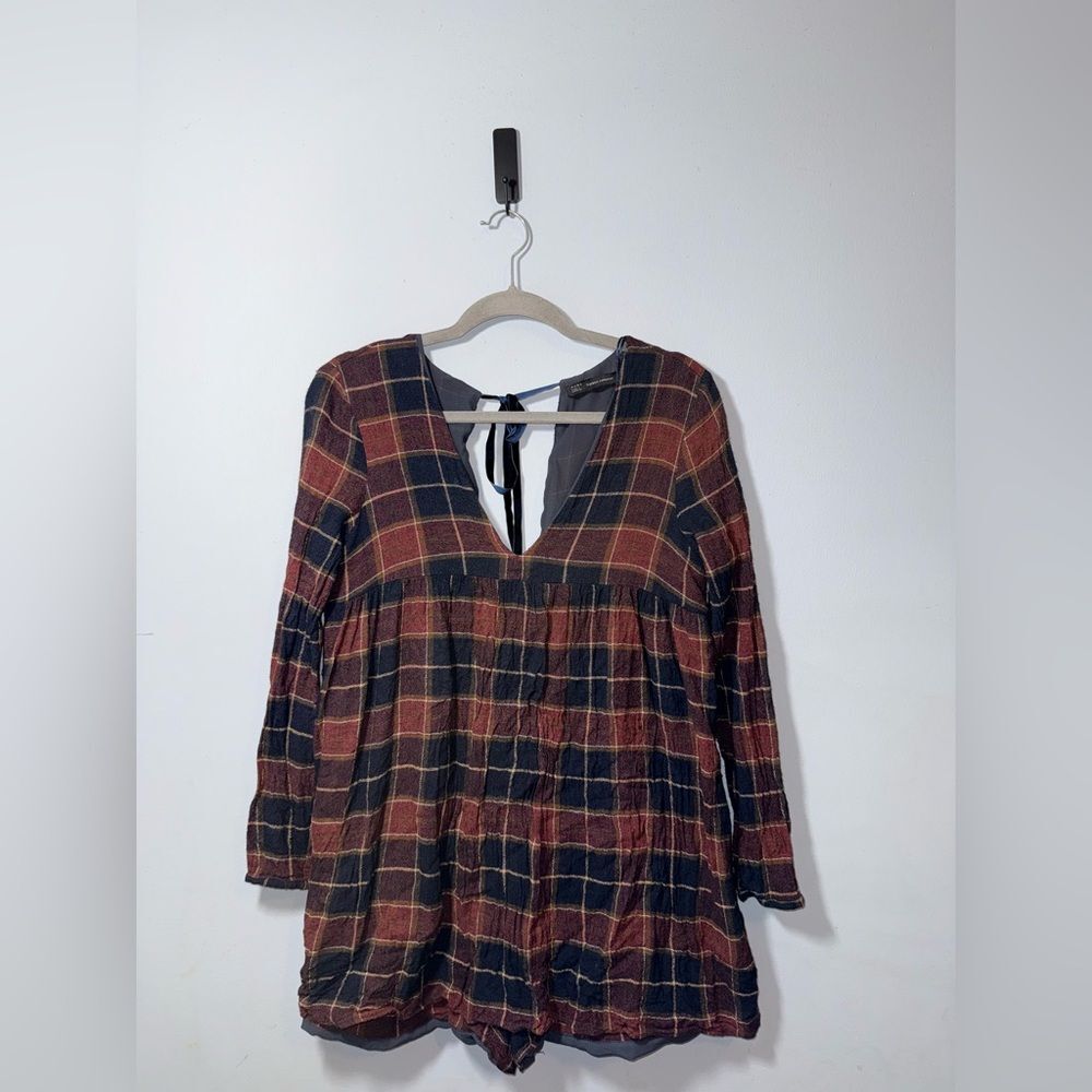 ZARA Trafaluc Women’s Plaid Tie Back Long sleeve Jumpsuit Size small acadamia